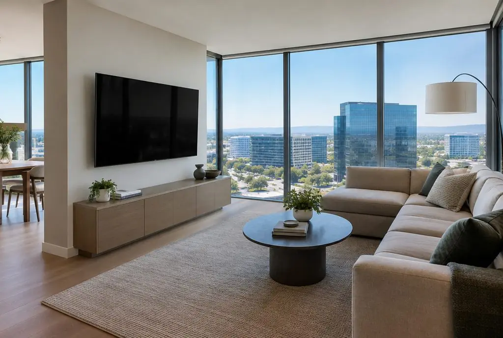 Illustration: a TV mounted on an interior partition wall of a modern Irvine condo living room with large windows and a city view