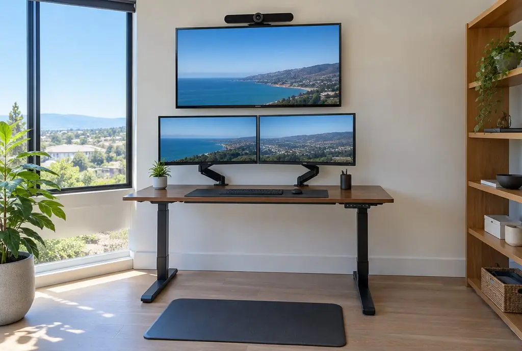 Illustration: a wall-mounted display above a desk with a video camera bar on top and two monitors on articulating arms in an Irvine home office