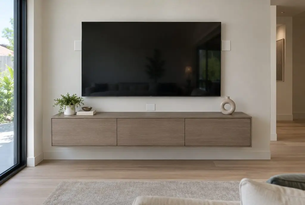 Illustration: a wall-mounted TV with no visible cables above a floating console, two small recessed wall plates visible behind and below