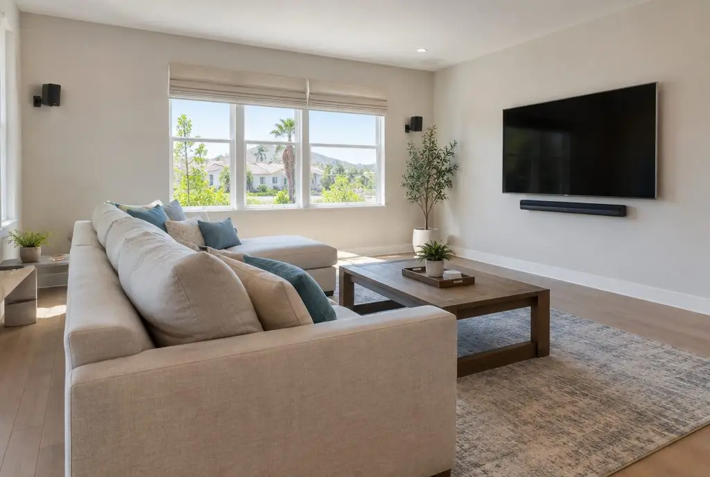 Illustration: a soundbar mounted directly beneath a wall-mounted TV with two small rear speakers on brackets in an Irvine family room
