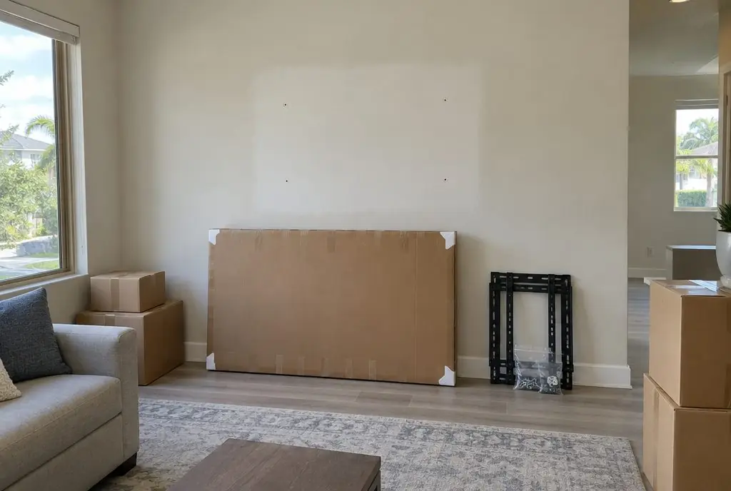 Illustration: a wall with a freshly patched and painted area where a TV mount was removed, a boxed TV and mount ready to move
